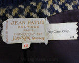 Size 8 Designer Suit - Jean Patou Boutique Paris - Navy Blue & Beige Heavy Wool Tweed - Mod Stylized Autumn Houndstooth - Ribbing - 60s 70s