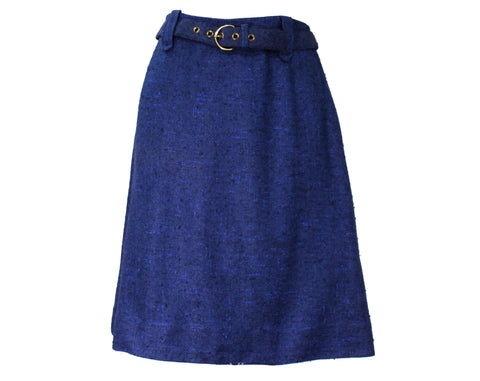 Size 10 Blue Skirt - Large 1960s Royal Sapphire Faux Nubby Linen Tweed - A-Line Skirt with Brassy Belt - Mod 60s NWT Deadstock - Waist 30