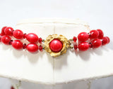 Cranberry Red 1950s Double Strand Necklace - 50s 60s - Freckled Goldtone Details - Filigree Caps - Office Jewelry - Secretary Style