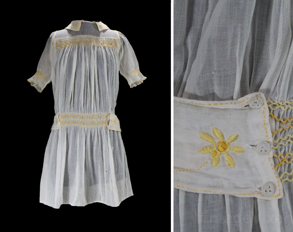 1920s Girl's Dress - Size 8 Child's Sheer White Cotton & Yellow Smocking with Daisy Embroidery - Authentic 20s 30s Girls Frock - Chest 32