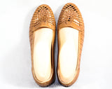 Size 6.5 Leather Shoes - Cute Tan Huarache Style Design - 1990s Light Brown Boho Flats with Woven Trim - Made in USA - 90s Deadstock 6 1/2 M