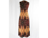 Size 8 Botanical Tribal Boho Print Dress - Sleeveless 1960s Long Maxi Sheath - 60s Brown Rust Tan Bold Rare Unique - Ankle Length - Bust 37