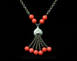 Faux Coral Lariat Style Necklace - Pretty 1960s Summer Resort Jewelry - Orange Plastic Beads - Metal Chain Tassel - 60s Jewelry - 44293