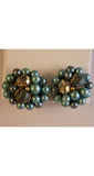 Blue Pearl Cluster Earrings with Raffia & Crystal Accents - Dusky Blue Silver Earrings - 1950s Secretary Chic - Japan Hong Kong - 34785