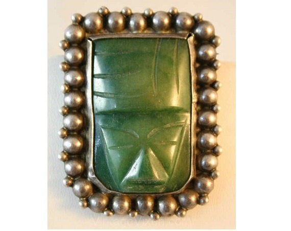 1940s Mexican Silver Jade Mask Pin - 40s Jewelry - Carved Green 1940's Brooch - Southwestern - Central American South America Mexico - 38450