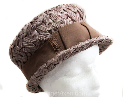 1960s Brown Ladies Hat - Neutral Beige Bucket Bowl Shaped 60s with Bow - Classic Faux Raffia Millinery - 1920s Inspired Cloche - Spring Fall