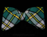1970s Men's Bow Tie - Swing Era Style Mens 70s Bowtie - Preppy Cute Clip On Tie - Blue Green Gray Yellow Wool Plaid - Hipster Haberdashery