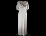 Size 10 Mr Blackwell Evening Dress - 1970s Pale Gray Jersey Designer Formal Gown with Lavish Beadwork Flowers & Rhinestone Bow - Bust 36.5