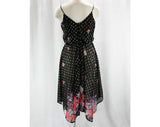 Size 6 Sun Dress - Small Black Floral 70s Casual Dress - Roses Print Knit - Blouson - Handkerchief Hem - Summer Lolita - Bust 34 - 42189