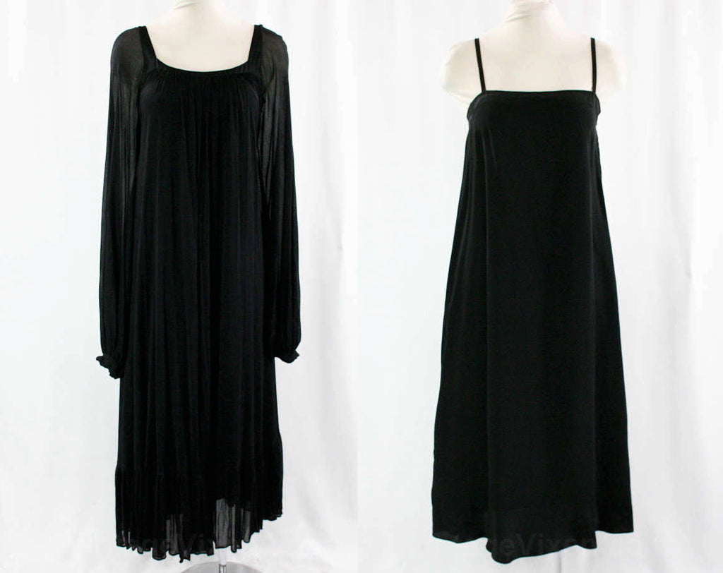 Size 8 Black Sheer Jersey Dress & Matching Crepe Slip - 1980s Designer Dan De Santis - Full Bishop Sleeves - Square Neckline - Gorgeous