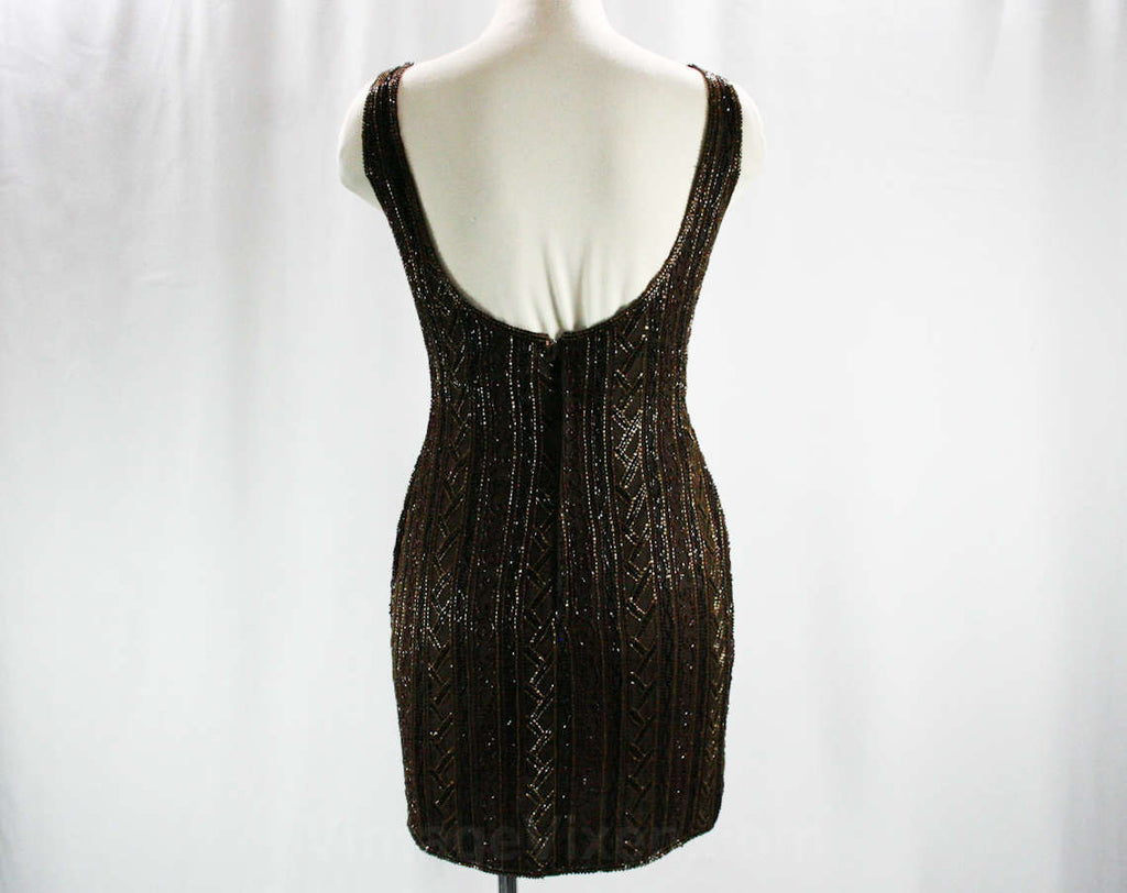 Size 4 Cocktail - Glam Beaded Mini Dress - 1990s Scala Label - Brown S Vintage Vixen Clothing Size 4 Cocktail - Glam Beaded Mini Dress - 1990s Scala Label - Brown S Vintage Vixen Clothing