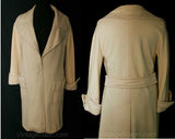 XL Overcoat - Classic 1970s Cream Wool Coat - Size 16 Chic Sophisticated Fall & Winter 70s Tailored Coat - Open Front - Bust 42 - 38053-1
