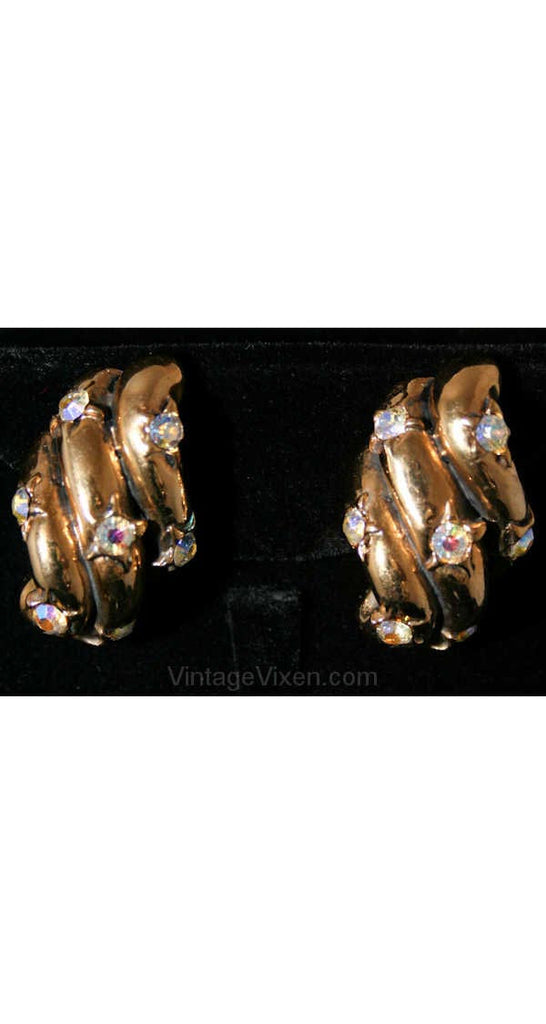 Hollywood Style 1950s Brass Earrings with Rhinestone Stars - Clip On Goldtone Gold Color 50s Bombshell Earring - Aurora Borealis - 38440