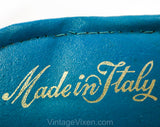 Size 7.5 Exotic Turquoise Sandals - 1960s Aqua Blue Leather Summer Shoes - Persian Style Magic Carpet Slides - Upturned Point Toes - 7 1/2 B