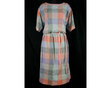 Large 1980s Missoni Dress - Short Sleeved - Big Checks Autumn Plaid Knit - Orange Blue Gray - Size 12 Designer 80s - Waist 28 to 34 - 40587