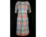 Large 1980s Missoni Dress - Short Sleeved - Big Checks Autumn Plaid Knit - Orange Blue Gray - Size 12 Designer 80s - Waist 28 to 34 - 40587