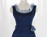 Size 8 Evening Dress - Navy Blue Silk Formal Gown - Picturesque 1960s Sleeveless Summer Dress - Organza Ruffles & Flower Corsage - Bust 35.5