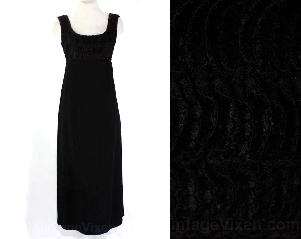 Size 6 Black Evening Dress - Audrey Style 1960s Empire Waist Gown - Elegant 60s Crepe Formal - Scoop Neck - Frilly Lace Bodice - Bust 34
