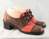 Size 6.5 Funkytown Shoes - 1960s Burnt Orange Suede Color Block Oxford Pumps - Rust Brown Wet Look Vinyl - Two Tone Lace Up - Faded - 6 1/2M