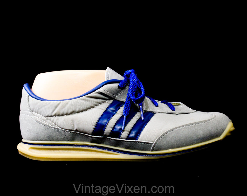 Size 5 1/2 Ladies 1970s Sneakers - Gray Athletic Shoes with Electric Blue Racing Stripes and Lace Up - Faux Leather & Canvas - 70s Deadstock