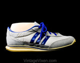 Size 6 Ladies 1970s Sneakers - Gray Athletic Shoes with Electric Blue Racing Stripes and Lace Up - Faux Leather & Canvas - 70s Deadstock