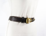 Men's Large Leather Belt with Brass Guitar Buckle - 1960s 70s Dark Brown Tooled Look - Western Cowboy Rock Star - Waist 38 to 40 - 50635