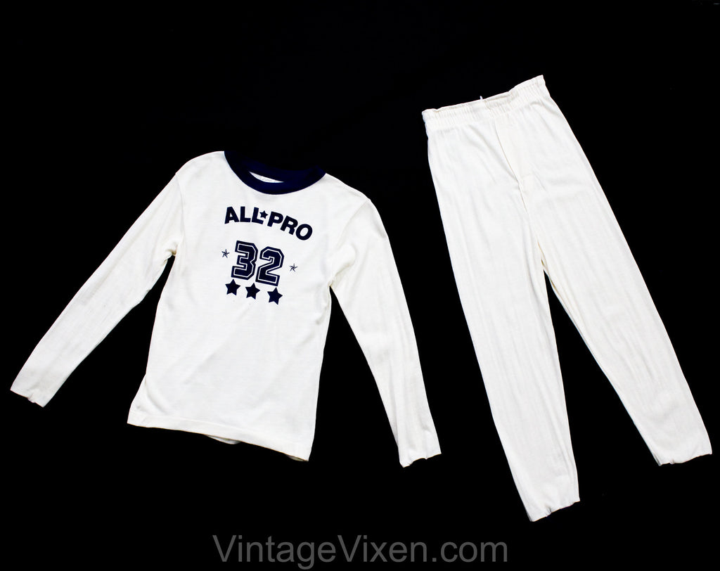Boy's Size 10 Pajama Set - 1970s Sports Novelty Theme Pajamas - Boys 70s PJ Long Sleeve Shirt & Pant - All Pro 32 Football Jersey Style Top
