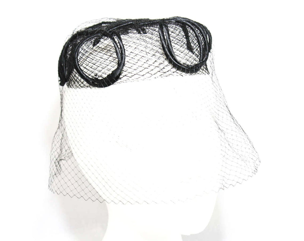 1960s Black Veiled Hat - 60s Sheer Net Pillbox Hat with Bird Cage Veil - Satin Loops - Elegant 60's Millinery - Bouffant Hairstyle Accent