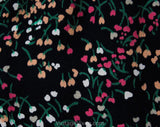 Size 6 Bohemian Sun Dress - 1940s Inspired Rayon Floral Summer Frock - 70s Prairie Boho Style Full Skirt - Black Pink Jade Green - Waist 26