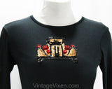 Size 4 Vintage Auto Shirt - 1970s Small Long Sleeved Black Jersey Knit Top - Old Fashioned Antique Sequined Car Automobile - Bust 33 - 24313