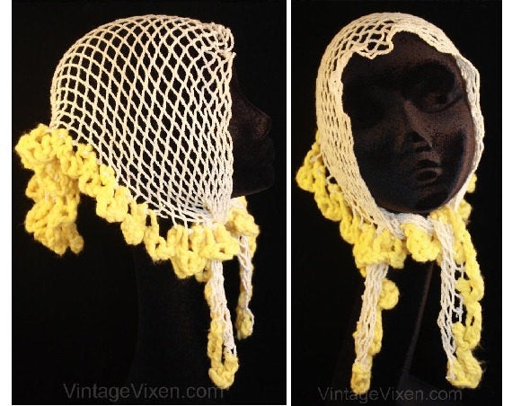 Terrific 1940s Fish Net Head Scarf with Fluffy Yellow Trim - Casual 40s Fishnet Kerchief - Deadstock - Summer 40's Peasant Chic - 35906-2