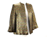 Size 8 Formal Jacket - 1940s 1950s Black Paisley Satin Brocade Short Evening Coat - Gold Pink Blue Green - Open Front - NRB Label - Bust 35