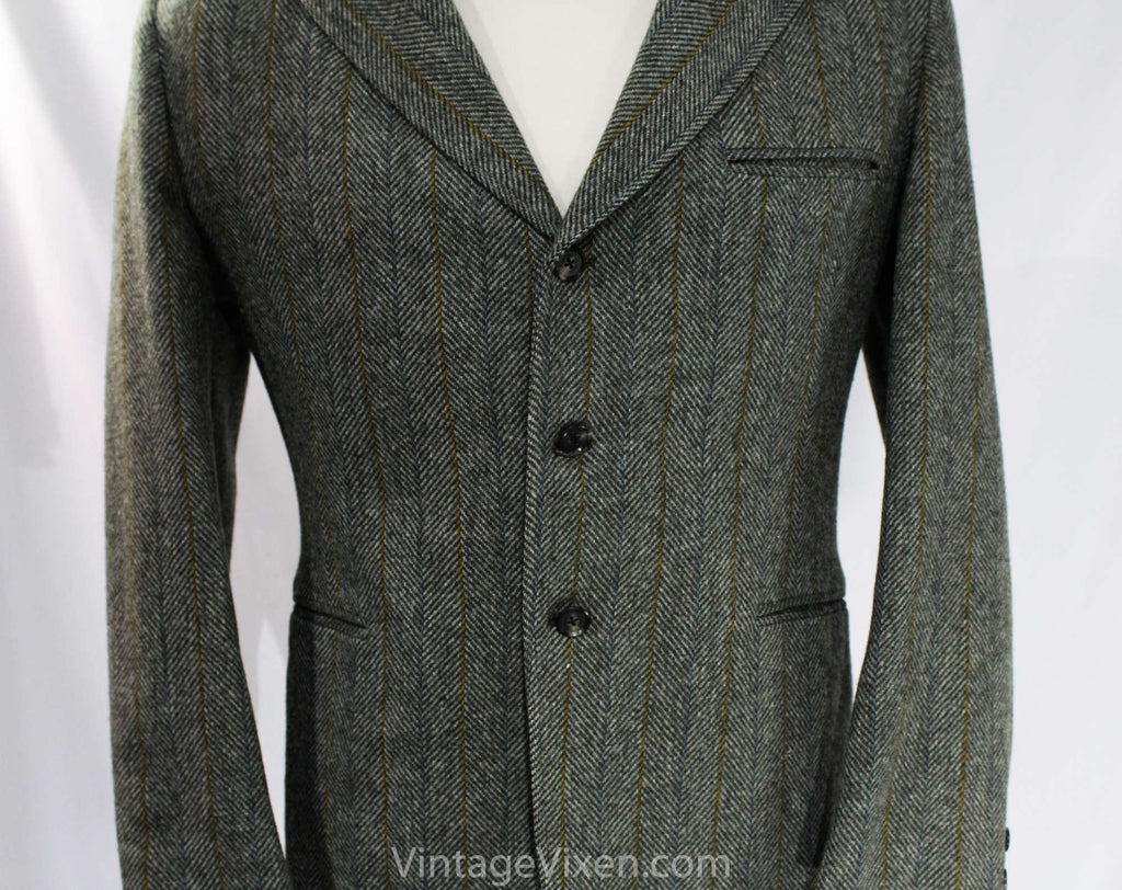 Men's 1960s Suit Jacket - Small to Medium - Gray Herringbone Wool