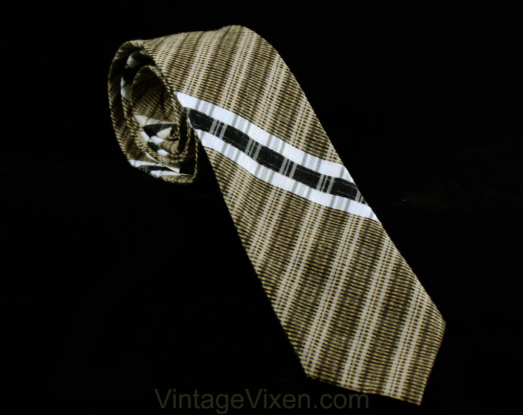 50s Men's Necktie - Deadstock 1950s Khaki Tan Black & White Skinny Tie - Beige Summer Plaid Cotton - Wembley Label - MCM Mid Century NWT NOS