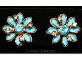 Femme Fille 1950s Blue Daisy Pin & Earrings - Summer Jewelry - Bright Turquoise with Goldtone Metal - 1950s Flowers Demi Parure - 32153-1