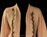 Size 6 Pink Mohair Cardigan - 1960s Small Pastel Open Front Sweater with Flower Bud Embroidery - Sweet Spring 60s Knitted Jumper - Bust 34
