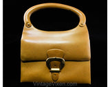 60s Haute Italian Mod Leather Handbag - Caramel Tan Purse with Modernist Brass Buckle - 1960s Brown Bag with Molded Handle - Made in Italy