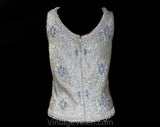 Size 8 Cocktail Top - 1960s Audrey Style Blue Sequins Tank with Lavish Beadwork & Fringe - Beaded Roses Sleeveless Party Blouse - Bust 35