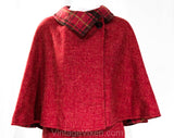 Size 6 Raspberry Wool Cape & Skirt Suit - 1950s 60s Tartan Plaid Reversible - Mid Century Secretary - Pink Red Gray Tweed - Waist 25.5