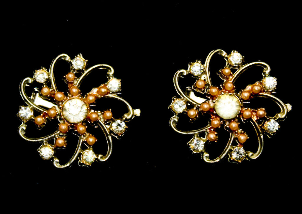 Pair Starburst 50s Brooches - Two 1950s Pinwheel Flower Pins - Preppy Style Jewelry - Silver Hue Metal with Rhinestones & Faux Pink Pearls