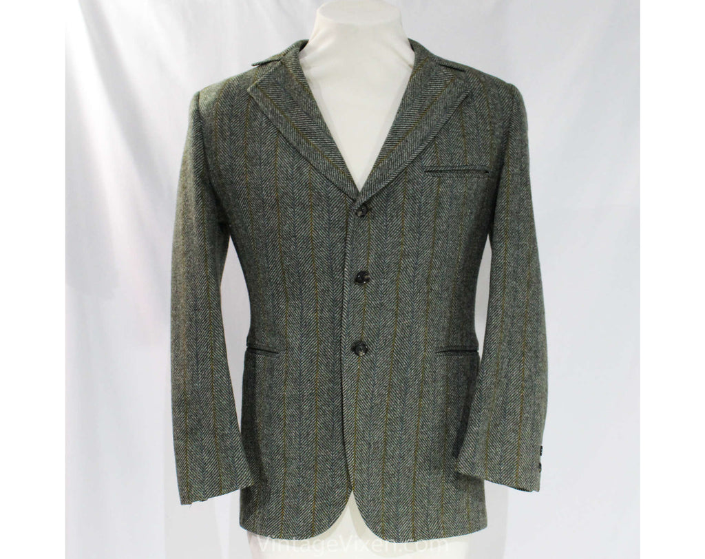 Men's 1960s Suit Jacket - Small to Medium - Gray Herringbone Wool Tweed Blazer - Mens 60s Sport Coat - Mustard Blue Offwhite - Chest 41