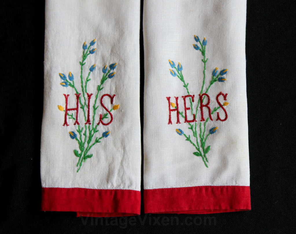 His & Hers Hand Towels - 1940s European Style Embroidery - Red White Linen - 40s 50s Bath Decor - Bath Towel Pair - Alpine Meadow Florals