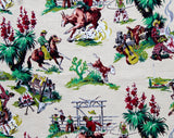 50s Western Novelty Print Barkcloth - 1/2 Yard x 33.5 Inches Wide - Authentic Rare 1950s Cowboy Cotton - Horses Cactus Rodeo Cows Camping