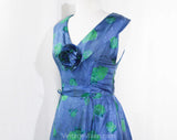 Size 4 Sun Dress - Blue & Green Silk 50s Summer Frock - 1950s Girl Next Door - Hydrangea Floral Polka Dot Scarf Silk with Corsage - Bust 33