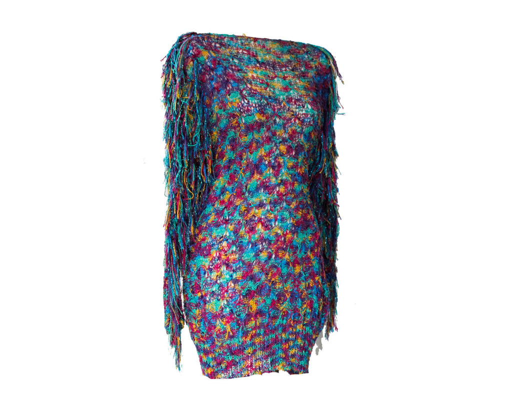 Size 6 1980s Mini Dress - Tropical Turquoise Fuschia Rainbow Sheer Kni Vintage Vixen Clothing Size 6 1980s Mini Dress - Tropical Turquoise Fuschia Rainbow Sheer Kni Vintage Vixen Clothing