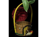 Rare 1950s Novelty Figural Purse - Tiki Hut & Native Drummer Scene - Raffia Roof Lid - Hand Painting - Kitsch 50s Summer Resort Hand Bag