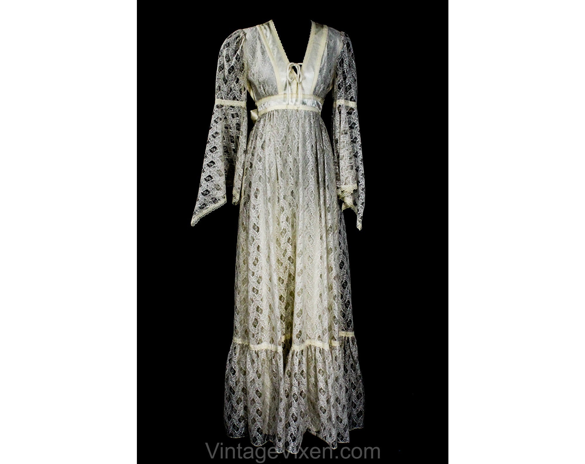 Size 4 Hippie Dress with Witchy Sleeves - Boho 70s Satin & Lave Mediev Vintage Vixen Clothing Size 4 Hippie Dress with Witchy Sleeves - Boho 70s Satin & Lave Mediev Vintage Vixen Clothing