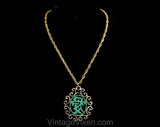 Asian Medallion Necklace - 1970s Pendant & Chain - Eastern 70s Jewelry - Sage Green Enamel and Gold Hue Metal - Far East Chic - 50567