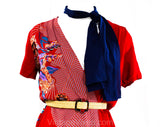 Size 6 Asian Rayon Print Dress - 1940s Inspired Red Floral Summer Faux Wrap Frock - 70s 80s Retro Short Sleeve with Border Print - Bust 33.5