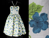 Size 4 Sun Dress - 1950s Halter Cotton Dress - Sweet 50s Blue & Green Sweet Pea Floral Pique - Full Skirt - Spring Summer - Waist 27.5
